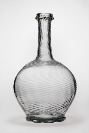  A vintage clear glass bottle with spiral ridges, tapering from a broad base to a slender neck, displayed against a white background. The artist name and title are unknown.