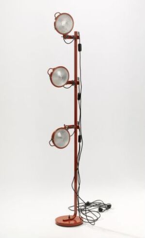  A modern floor lamp by Lumenform with a bronze lacquered metal pole that holds several frosted glass shades at varying heights, presenting a design akin to a stylized plant, all on a round base with trailing power cords.