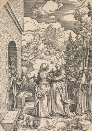  "The Visitation (The Life of the Virgin)" by Albrecht Dürer, a woodcut representation on paper. The image displays a detailed monochromatic scene of Mary and Elizabeth embracing, with Joseph observing in the background, a dog in the foreground, and surrounded by a natural setting with trees and clouds.