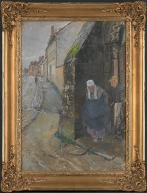  "Sunday Morning in Grèz" by Christian Krohg, featuring an elderly woman in a bonnet standing in a doorway next to an elderly man in a sleepy village street, painted in a subdued palette of greys, browns, and blues, oil on wood, framed in an ornate golden frame.