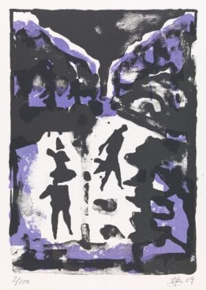  An abstract lithograph by Håkon Bleken titled "Uten tittel" featuring a two-color scheme of deep black and muted lavender-grey, with ambiguous shapes suggesting figures or a landscape in an obscure and ethereal scene.