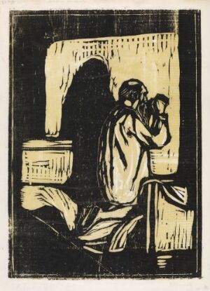  "Old Man Praying" by Edvard Munch, a woodcut print in black and grey-yellow on paper, depicting an elderly man with his hands clasped in prayer and a contemplative expression. The figure is enveloped in a long, draped garment and sits against a backdrop suggestive of an archway, conveying a sense of solitude and devotion. The contrasting light and shadow in the print add depth and emotional resonance to the scene.