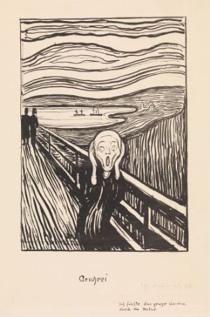  Lithograph on paper of "The Scream" by Edvard Munch depicting a figure with hands on its face in an open-mouthed scream, standing on a bridge with a turbulent, lined sky and water in the background, and two distant figures standing still.