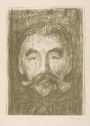  "Stéphane Mallarmé" by Edvard Munch, a transfer lithograph on paper showing a detailed monochrome portrait of an introspective man with a full mustache and beard, rendered in shades of brown and beige.