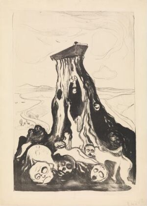  "Funeral March" by Edvard Munch, a lithograph on paper depicting a dark, imposing tree stump surrounded by pale, expressive faces against a tumultuous, gray sky. The image is dominated by somber tones, conveying a powerful sense of mourning and desolation.