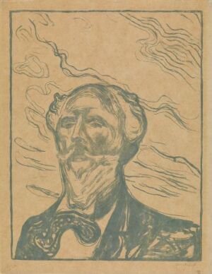  Lithographic print by Edvard Munch titled "Holger Drachmann," showcasing a portrait of an older male figure with a beard, mustache, and wavy hair, surrounded by abstract atmospheric lines, printed in shades of green on cream-toned paper.