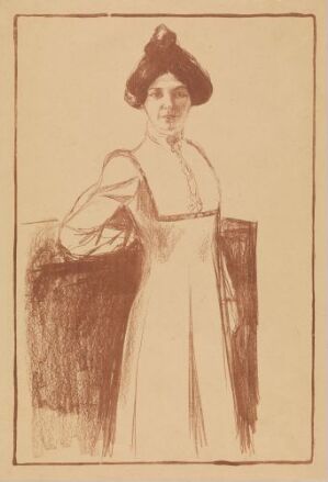  "Marta Sandal" by Edvard Munch, an overføringslitografi print in reddish-brown on paper, depicting a woman in historical attire with an updo and hat, facing the viewer with her body frontal and head slightly turned.