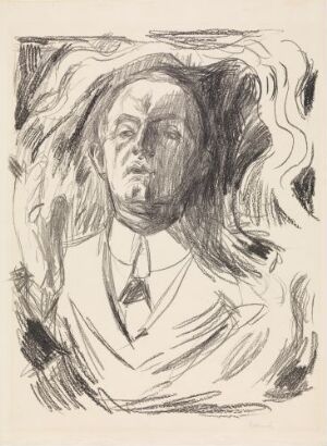  "Self-Portrait with a Cigar" by Edvard Munch depicts a monochromatic lithographic image of the artist from the chest up, showing him in formal attire with intense eyes and expressive, swirling lines suggesting movement or smoke on a cream-colored background.