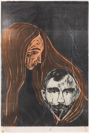  "Man's Head in Woman's Hair" by Edvard Munch, a color woodcut on paper, presenting a somber composition with a man's face in profile on the right and the silhouette of a woman's face and sweeping hair on the left, set against a dark background with earthy tones of brown and gray.