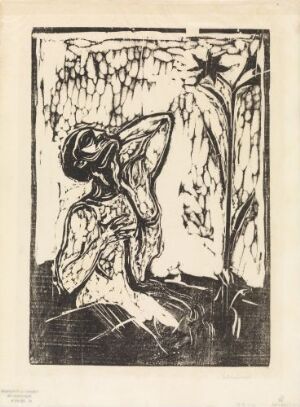  "Blossom of Pain" by Edvard Munch, a black and white woodcut print on paper showing an emotional scene with a woman whose face is tilted upwards in anguish, next to a tall blooming flower, with a densely lined background suggesting confinement.