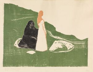  "Two Women on the Shore" by Edvard Munch, a color woodcut print on paper, depicting two women by a green shoreline—the one seated in black blending with the foreground, and the other standing in profile wearing a pastel dress against a lush green background.