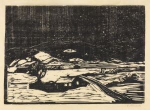  Woodcut print titled "Winter Landscape" by Edvard Munch, depicting a small Nordic house partially covered in snow in the foreground, with a tree to its right, and a range of hills in the distance, all rendered in dark hues on a light background to emphasize the cold, winter setting.