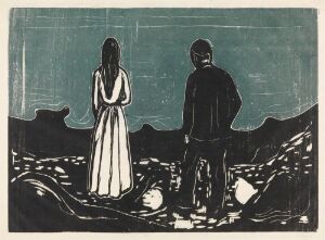  "Two Human Beings. The Lonely Ones" by Edvard Munch, a color woodcut on paper showing two figures, a man in dark clothing and a woman in a white dress, standing apart in a dark blue and black nocturnal landscape with the sea merging into the sky.