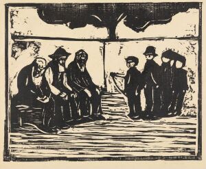 "Old Men and Boys" by Edvard Munch, a woodcut print on wove paper, featuring a group of older men seated on the left and younger boys standing on the right under a tree, rendered in stark black and white contrast.