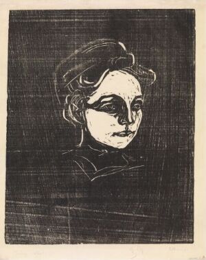  A woodcut print by Edvard Munch titled "Head of a Woman" depicting the profile portrait of a contemplative woman, executed in high-contrast black and off-white, with bold outlines and textured horizontal lines in the background.