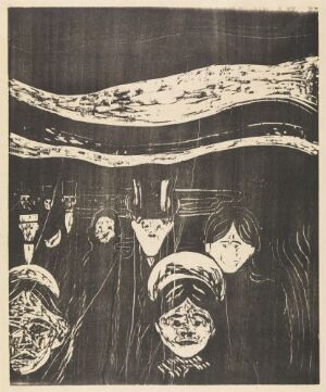  "Anxiety" by Edvard Munch: A woodcut print displaying a series of pale, elongated faces with dark, empty eyes staring forward, set against a turbulent dark sky, creating an atmosphere of disquiet. The stark contrast of black and white enhances the emotional expression of the piece.