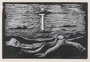  "Mystical Shore" by Edvard Munch, a visual art piece on paper depicting a dark, rippling seascape at night with the moon reflected as a vertical beam on the water. A tranquil face merges with the waves on the left, and a second round form is on the right, set against a textured sky with horizontal lines.