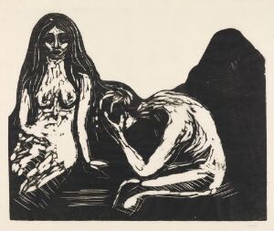 A woodcut print by Edvard Munch titled "Man and Woman" featuring two figures seated next to each other in contrasting black and white. A woman with long hair sits on the left, holding flowers and facing the viewer, while a man sits to the right, his head bowed in contemplation, outlined in expressive black lines on a white background.