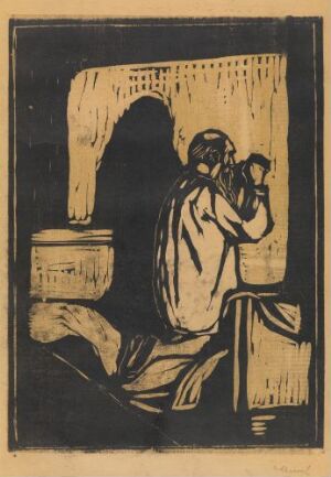 "Old Man Praying" by Edvard Munch, a woodcut print on paper. The image shows a stark, high-contrast depiction of an elderly man with his hands raised in prayer or deep thought, seated on a chair. The dark background is accentuated by greyish-yellow highlights around the man and a curtain-like form above, creating a compelling visual of introspection or devotion.