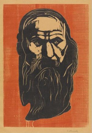  "Head of an Old Man" by Edvard Munch, a color woodcut print showing the strongly lined visage of an elderly man with closed eyes and a long beard, set against a solid orange background.