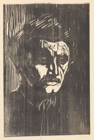  Woodcut self-portrait by Edvard Munch on paper, showing a rich sepia-toned expressionistic representation of the artist with deep set eyes and intense features, dominated by bold, dark lines and an overall feeling of introspection and raw emotion.