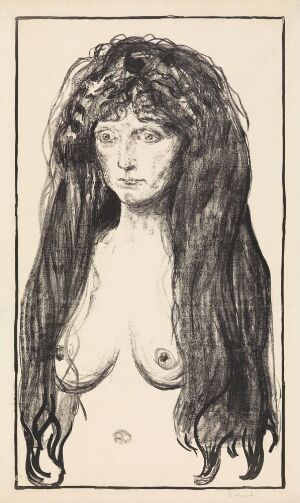  "Nude. The Sin" by Edvard Munch, a lithograph on paper depicting a somber-faced woman with long, wavy hair, standing nude in a frontal pose. The artwork is monochromatic, with expressive black lines against an off-white background conveying the form and emotion of the figure.