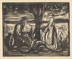  "Fertility" by Edvard Munch, a sepia-toned woodcut print on paper, showcases expressive lines forming human figures and natural elements, symbolizing fertility through an embrace among a lush landscape.