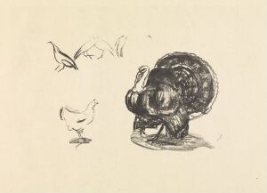  A litograph by Edvard Munch titled "Turkey, Hens and Peacocks," presenting a central turkey with full plumage in dark strokes on the right and two hens lightly sketched to its left, along with abstract impressions of birds in flight in the background, all on a plain wove paper background.