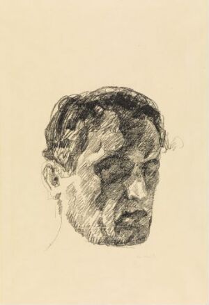  "Self-Portrait in Shadow" by Edvard Munch, a lithograph on paper showcasing a somber portrait of a man's head with expressive lines in shades of black and grey against a pale background, depicting the face in a dramatic side-lit shadow.