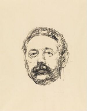  Black and white lithograph by Edvard Munch titled "Tor Hedberg" depicting a sketched portrait of a middle-aged man with a mustache on beige paper, showcasing expressive lines and a contemplative gaze.