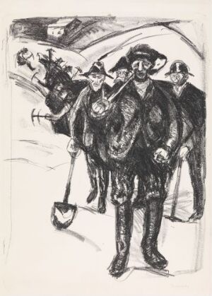 
"Lithograph titled 'Workers in Snow' by Edvard Munch, depicting a monochromatic scene of laborers in dark clothing, with a central figure holding a shovel, moving through a white, snowy landscape, evoking a sense of endurance and harsh winter conditions."