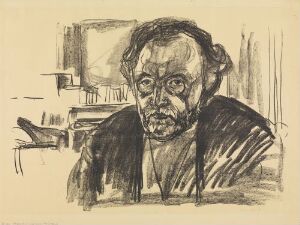  "Self-Portrait with Beard" by Edvard Munch, a lithograph on paper featuring the artist with an intense gaze, expressive eyes, full disheveled beard, and roughly sketched hair, set against a minimally detailed interior background. The artwork is rendered in shades of black, gray, and the cream color of the paper.