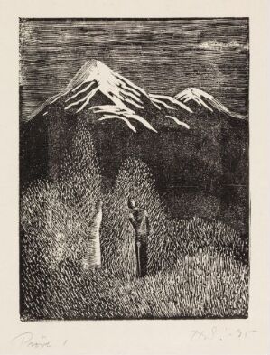  "Victoria og løytnanten i hagen" by Håkon Stenstadvold, a black and white woodcut on paper depicting two figures in a garden with a backdrop of a snow-capped mountain and a hatched sky, suggesting a peaceful rural scene.