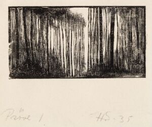  "I skogen," a woodcut print on paper by Håkon Stenstadvold, featuring a stark, textured depiction of slender trees in a forest, rendered in blacks, whites, and grays, with artist's handwritten notation and date in the foreground.