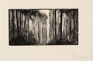  "I skogen" by Håkon Stenstadvold, a monochromatic woodcut print on paper depicting vertical lines that resemble a dense forest of tree trunks in black ink against a light background, creating a stark and atmospheric representation of a woodland scene.