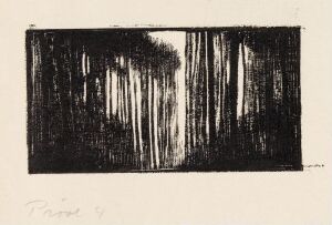  "I skogen," a monochromatic fine art print by Håkon Stenstadvold, depicting an abstract representation of a dense forest with vertical lines in varying shades of black and gray suggesting a series of trees with light filtering through, evoking the feel of a tranquil forest on paper.