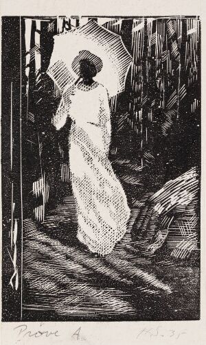  A black and white woodcut print titled "Victoria" by Håkon Stenstadvold, featuring a solitary figure in a long dress holding an umbrella, highlighted by light against a dark, shadowy urban street setting.