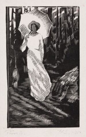  "Victoria" by Håkon Stenstadvold, a black and white woodcut print on paper depicting a woman in Victorian dress holding an elaborate parasol, surrounded by patterned shadows and trees or pillars, with strong contrasts and meticulous detailing.