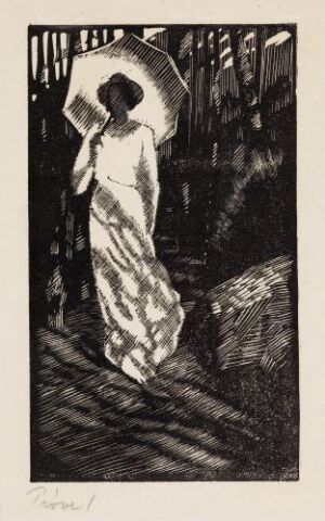  "Victoria" by Håkon Stenstadvold, a monochromatic wood engraving on paper depicting an elegantly dressed woman holding a parasol or sunhat above her head, surrounded by architectural elements in a graphic display of light and shadow.