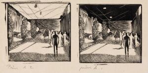  "Johannes i byen" by Håkon Stenstadvold, a monochrome diptych on paper with woodcut and pencil, depicting a group of people walking through a covered passage illuminated first by daylight and then by a single lantern at night, rendering the scenes in contrasting shades of black, white, and gray.