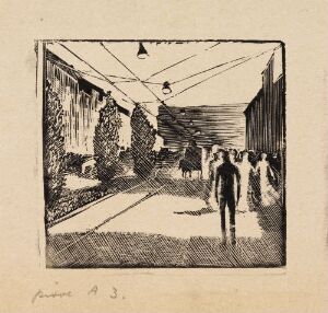 "Johannes i byen" by Håkon Stenstadvold - A monochromatic woodcut on paper capturing a street scene with a central figure named Johannes walking towards the viewer, surrounded by the outlines of buildings and other pedestrians, portrayed in varying shades from black to light beige.