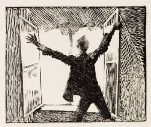  "Johannes foran åpent vindu" by Håkon Stenstadvold, a black and white woodcut print showing a dynamic figure with arms outstretched standing in front of an open window, surrounded by textured lines suggesting movement, like wind through curtains.