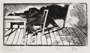  A black and white woodcut print titled "Johannes" by Håkon Stenstadvold, depicting an abstract, chaotic interior space with strong contrast between light and shadow on a paper surface.