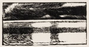  "Hav og himmel" by Håkon Stenstadvold, a black and white woodcut depicting a dramatic seascape with a turbulent sky and calmer sea, characterized by expressive swirling lines above and wavy lines below with a bright horizontal band representing light reflection on water.