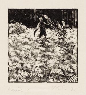  "Johannes i bregneskogen" - a monochromatic woodcut by Håkon Stenstadvold, depicting a figure wandering through a densely fern-filled forest, with detailed foliage and vertical tree trunks, rendered in a rich array of blacks, whites, and grays.