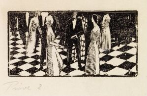  Monochromatic woodcut print on paper by Håkon Stenstadvold titled "Johannes hilser på den unge slottsfruen," depicting a man bowing to a young woman standing on a checkered floor, conveying a historical and formal exchange with a dominant use of black and white to create contrast and focus on the subjects' interaction.