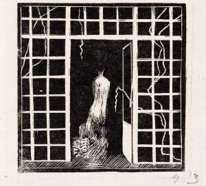  "Victoria" by Håkon Stenstadvold, a black and white drypoint on paper, showing a spectral woman standing in a lattice doorway with broken panes, suggestive of mystery and decay.