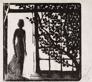  "Victoria" by Håkon Stenstadvold, a black and white wood engraving on paper depicting a silhouetted woman standing in a doorway, framed by an intricate pattern of branches.