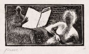  "Mann og kvinne" by Håkon Stenstadvold, a black and white woodcut print on paper depicting a man viewed from behind reading a book, and a woman with simplified features facing the viewer, set against a patterned background that suggests intimacy and contemplation.