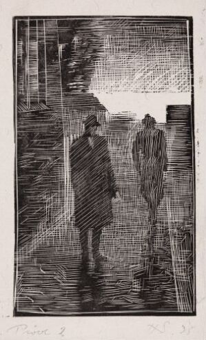  "Johannes og huslæreren" by Håkon Stenstadvold, a black and white woodcut on paper depicting two figures on a textured pathway, with the first figure walking away into the distance and the second standing closer to the viewer, both enveloped in the dramatic interplay of light and shadow.